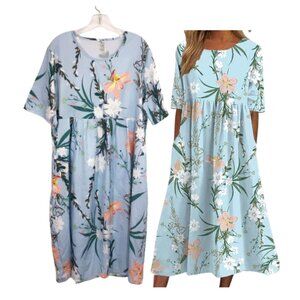 XL Lightweight Floral Print Casual Summer Midi Dress with Pockets Light Blue